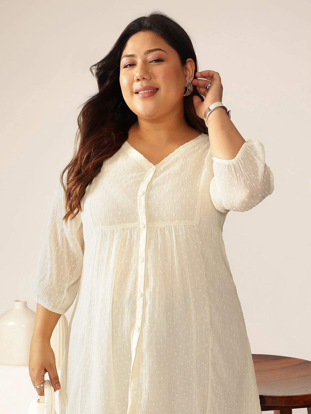 Janasya Women's Plus Size Mauve Dobby Chiffon Self Design A-line Kurta