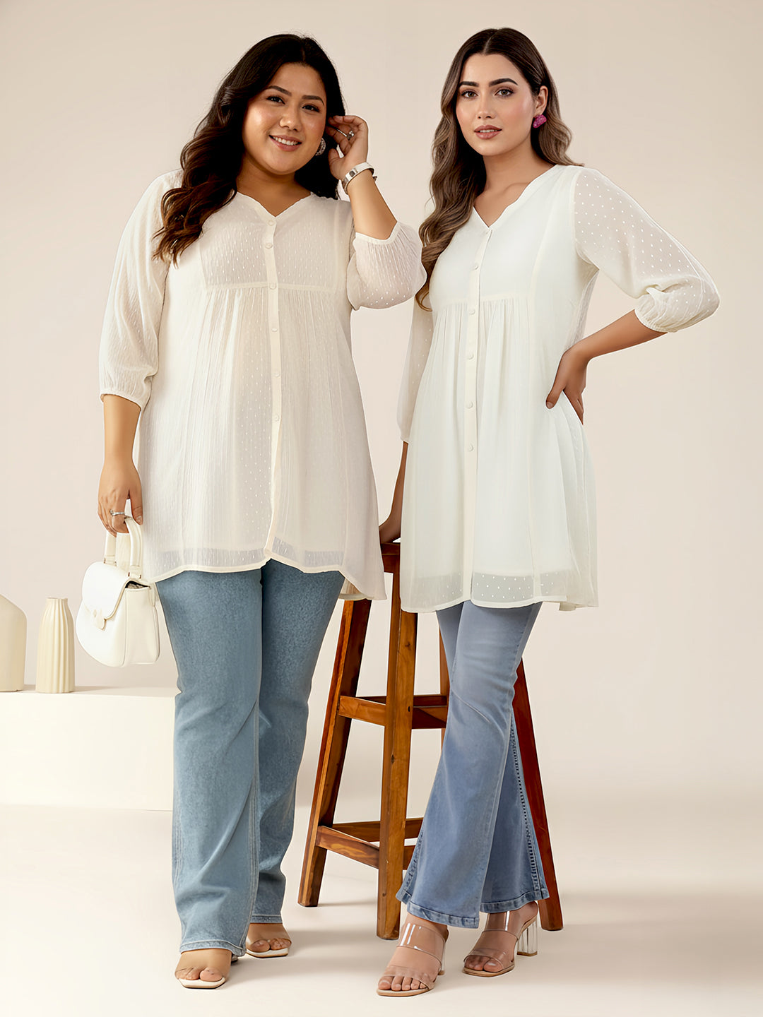 Janasya Women's Plus Size Off White Dobby Chiffon Self Design A-line Tunic