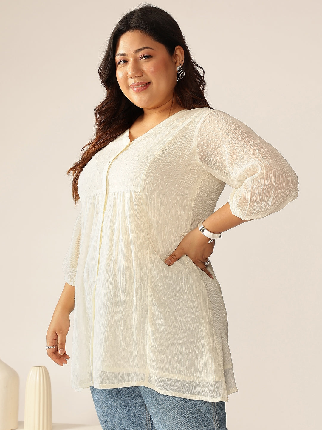 Janasya Women's Plus Size Mauve Dobby Chiffon Self Design A-line Kurta