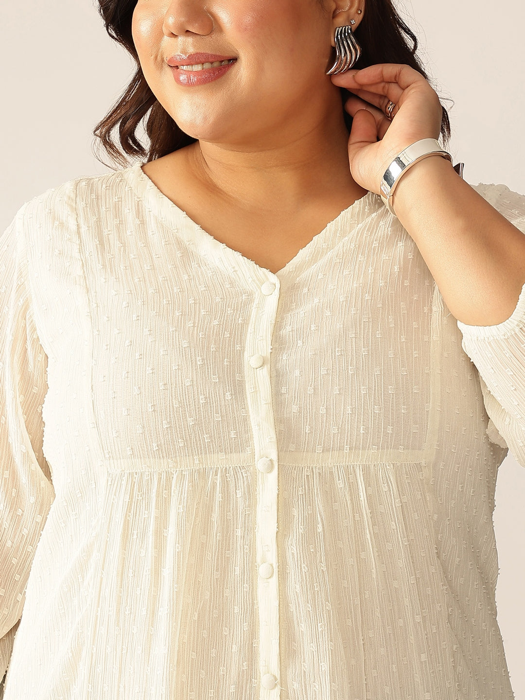 Janasya Women's Plus Size Mauve Dobby Chiffon Self Design A-line Kurta
