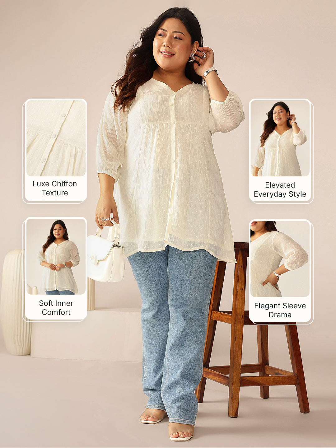 Janasya Women's Plus Size Off White Dobby Chiffon Self Design A-line Tunic