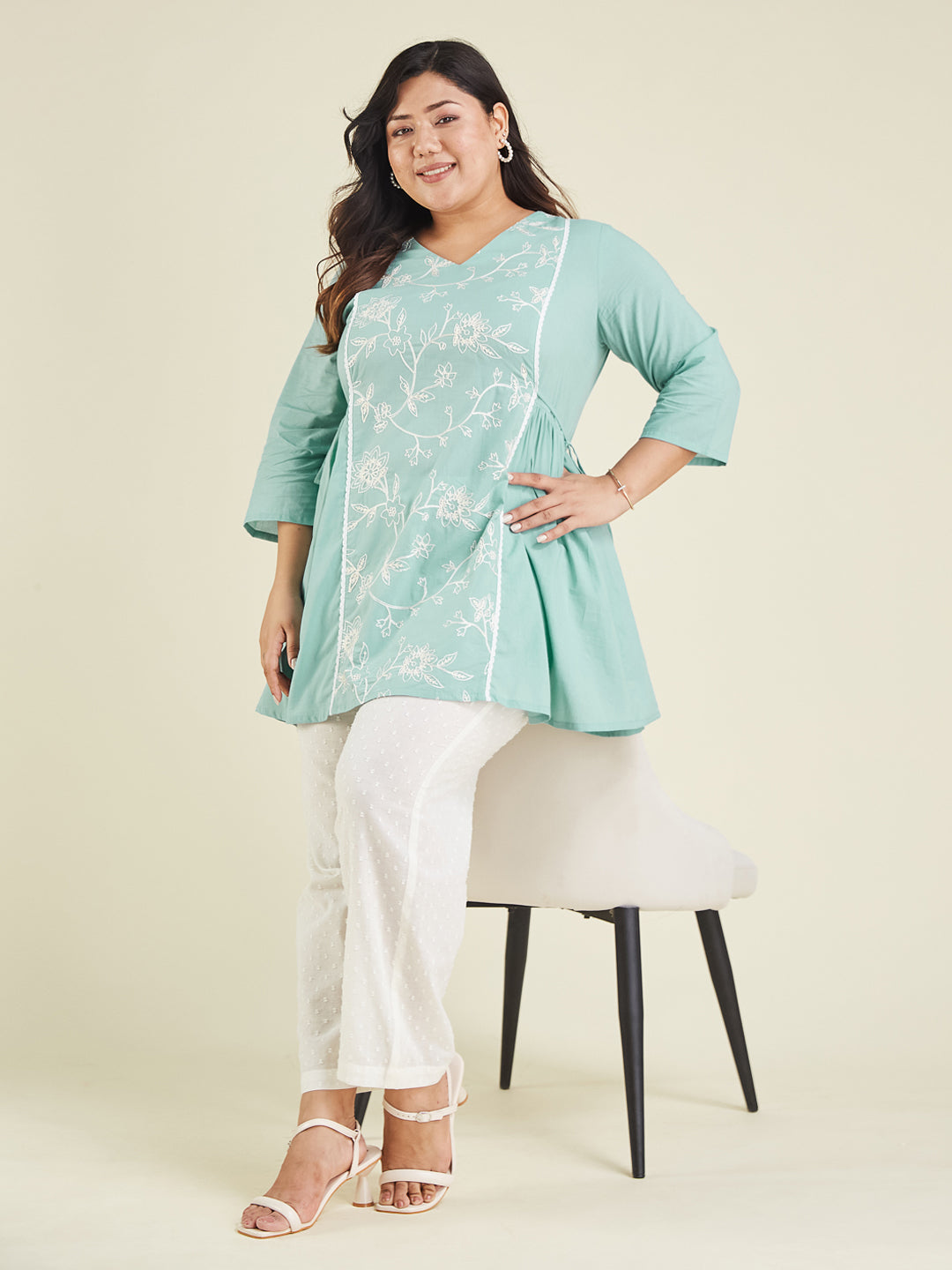 Janasya Women's Plus Size Light Pure Blue Cotton Embroidered A-line Tunic