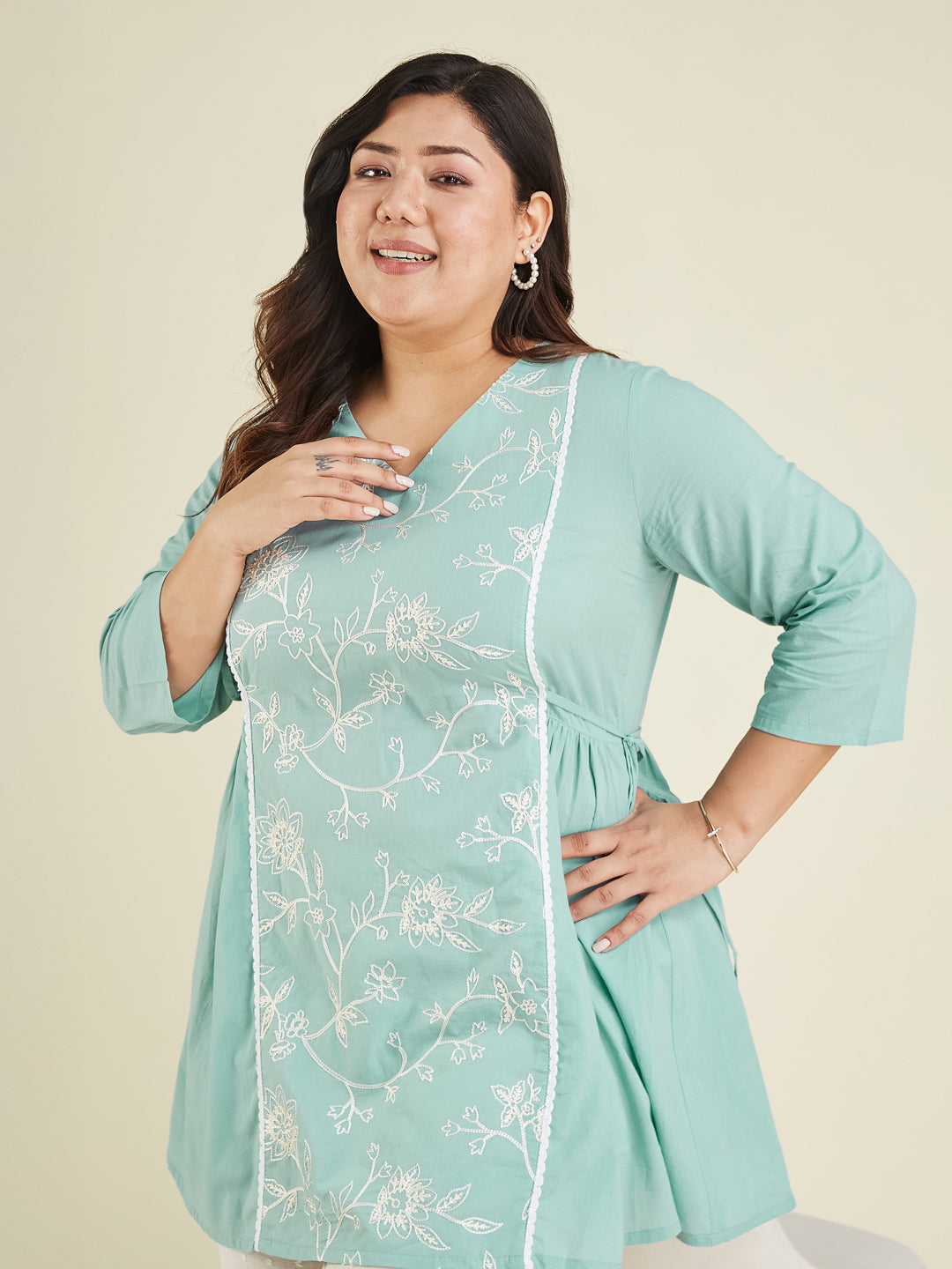 Janasya Women's Plus Size Light Pure Blue Cotton Embroidered A-line Tunic
