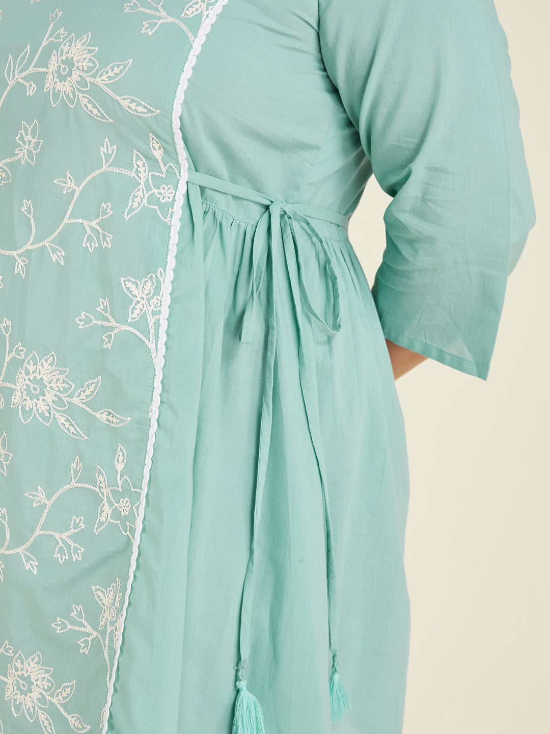 Janasya Women's Plus Size Light Pure Blue Cotton Embroidered A-line Tunic