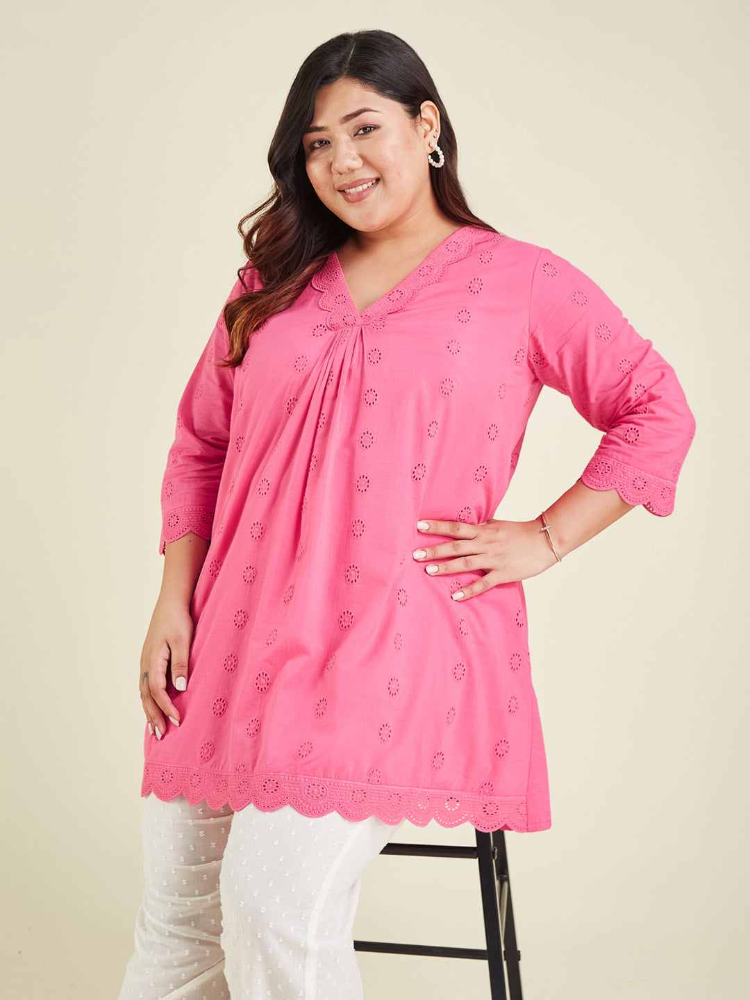 Janasya Women's Plus Size Pink Pure Cotton Schiffli A-line Tunic