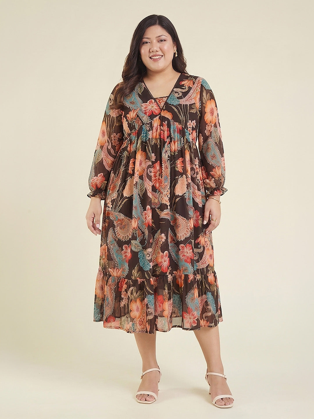 Janasya Women's Plus Size Black Georgette Paisley Printed A-Line Dress