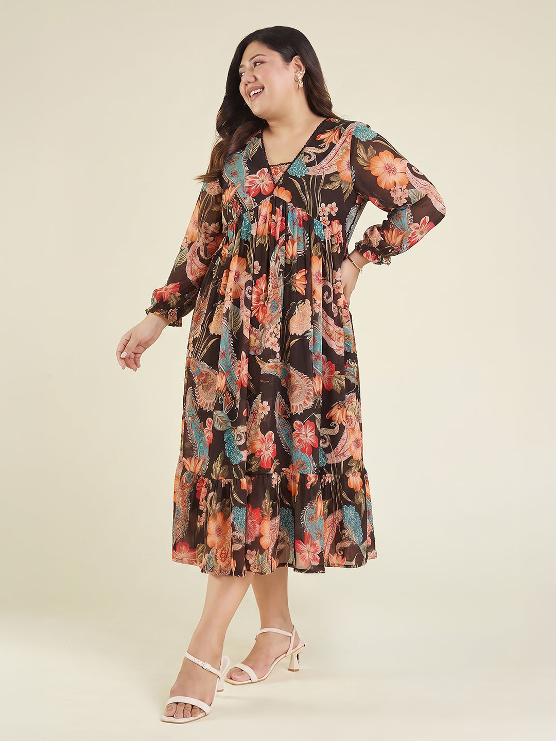 Janasya Women's Plus Size Black Georgette Paisley Printed A-Line Dress