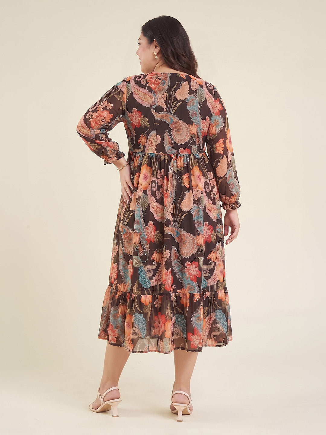 Janasya Women's Plus Size Black Georgette Paisley Printed A-Line Dress