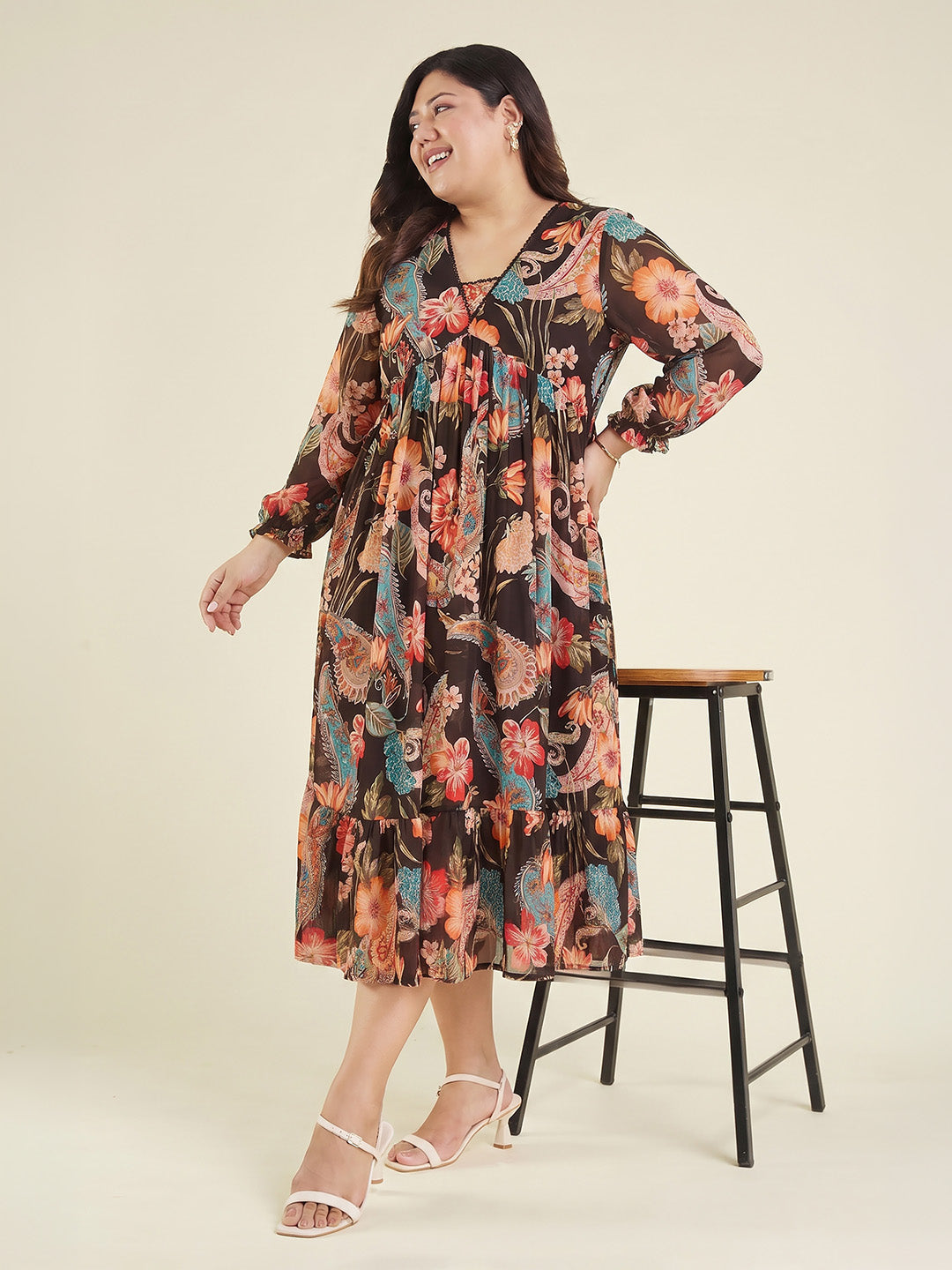 Janasya Women's Plus Size Black Georgette Paisley Printed A-Line Dress