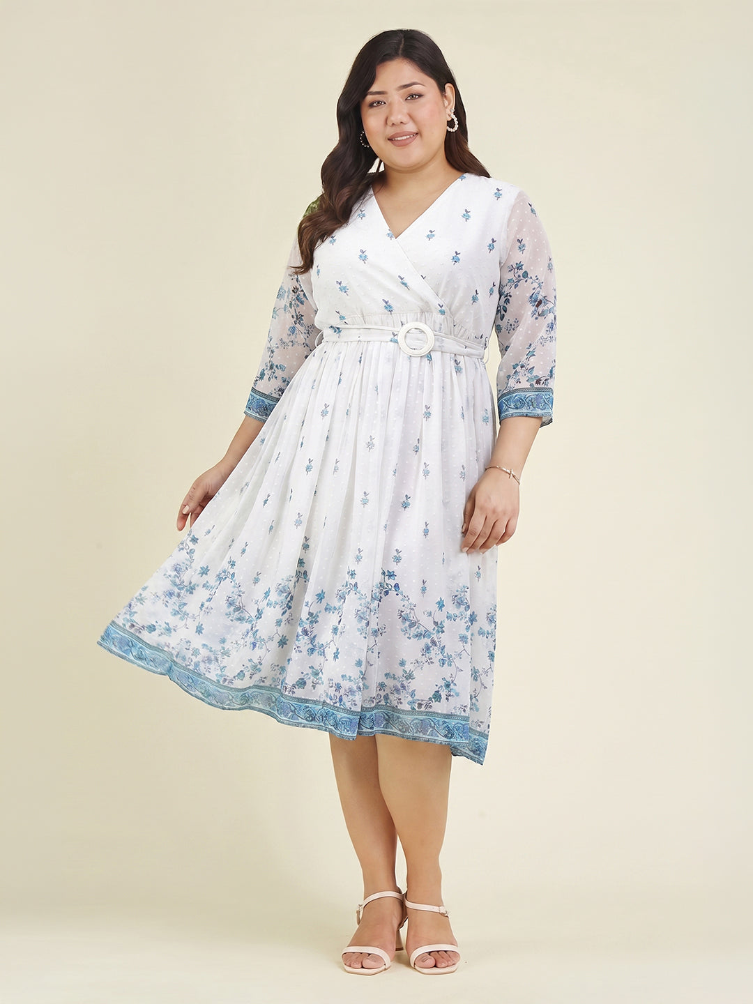 Janasya Women's Plus Size White Dobby Georgette Floral Printed Fit & Flare Dress