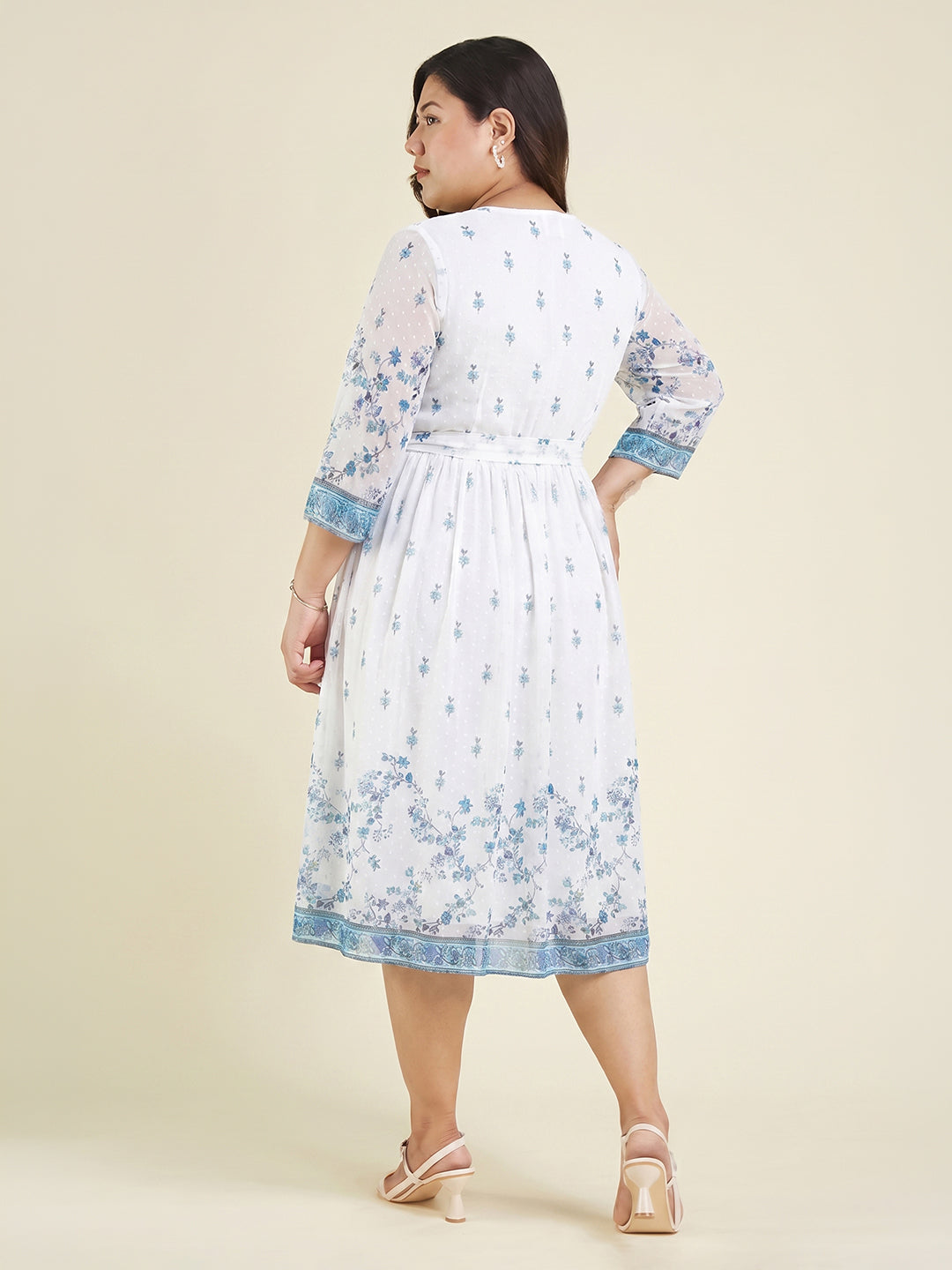 Janasya Women's Plus Size White Dobby Georgette Floral Printed Fit & Flare Dress