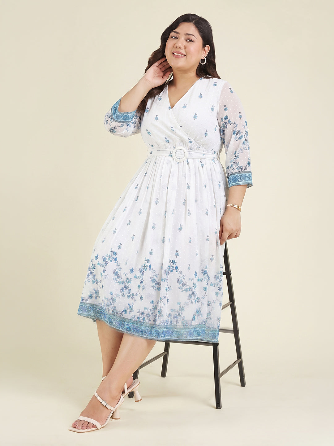 Janasya Women's Plus Size White Dobby Georgette Floral Printed Fit & Flare Dress