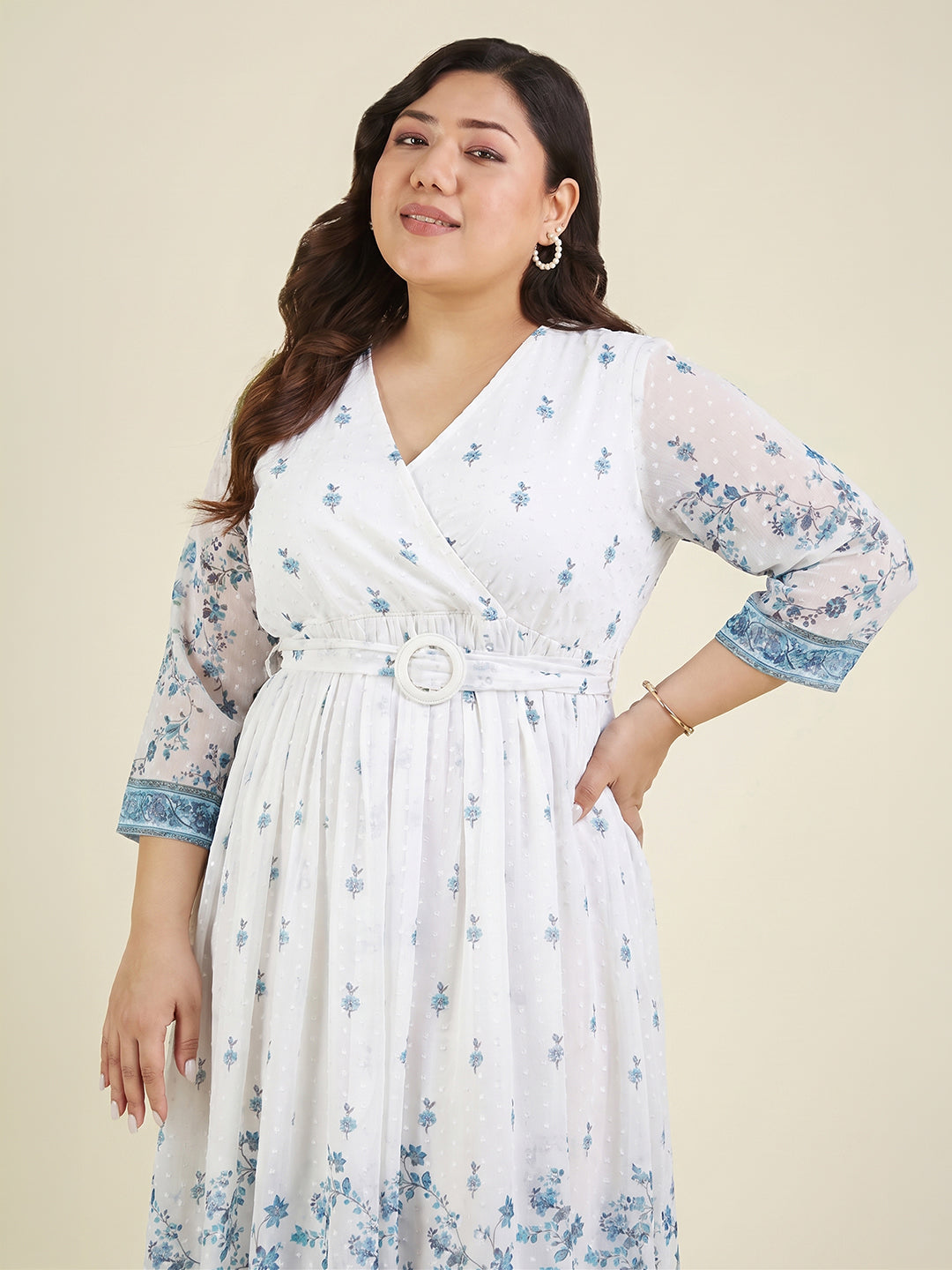 Janasya Women's Plus Size White Dobby Georgette Floral Printed Fit & Flare Dress