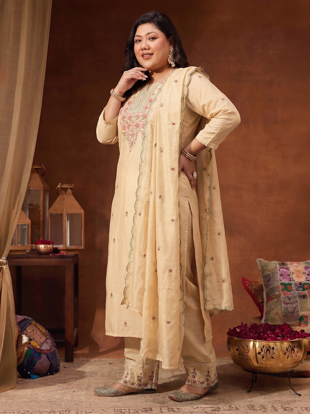 Janasya Women's Plus Size Beige Chanderi Silk Floral Embroidered Straight Kurta Set