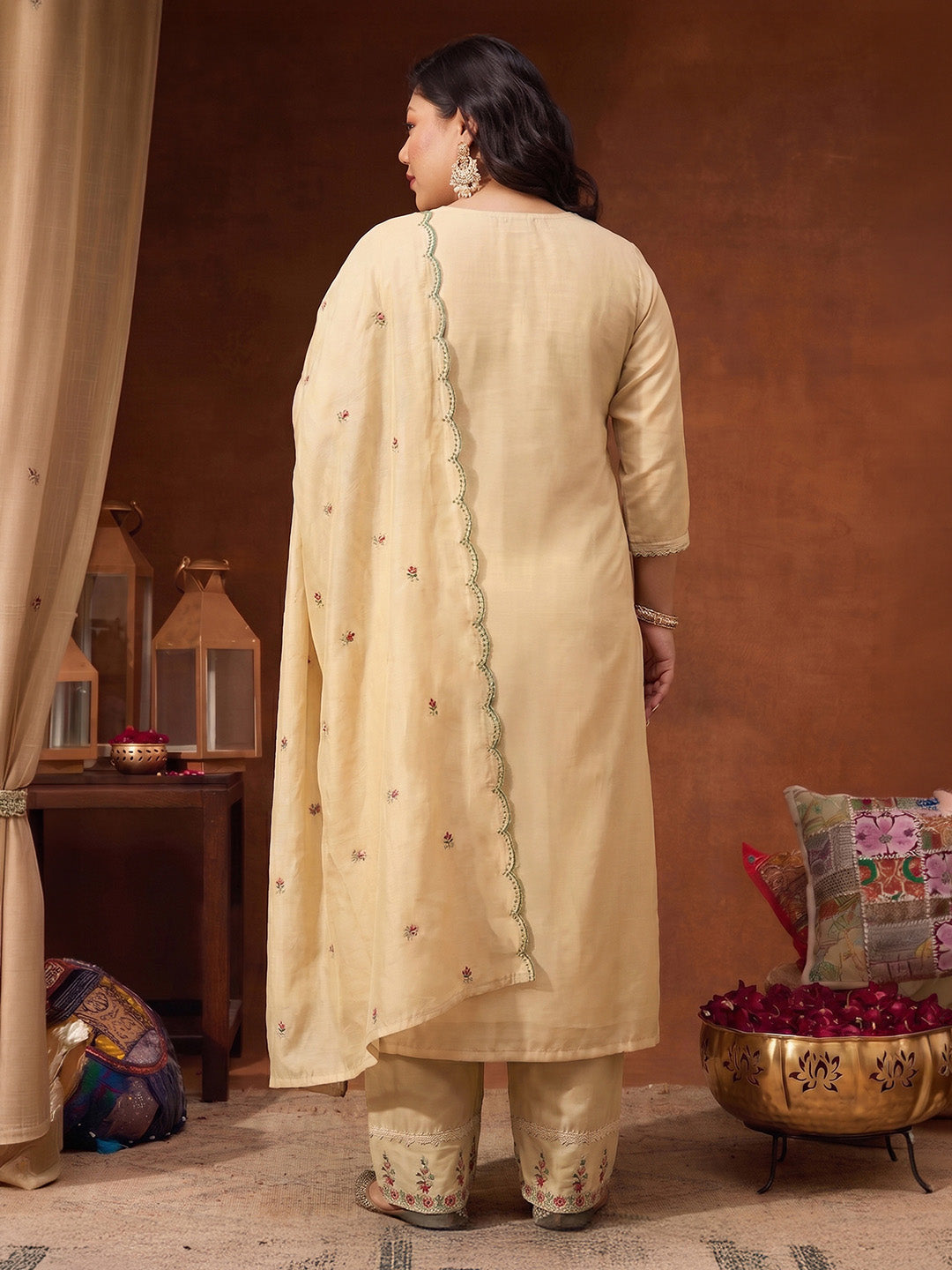 Janasya Women's Plus Size Beige Chanderi Silk Floral Embroidered Straight Kurta Set