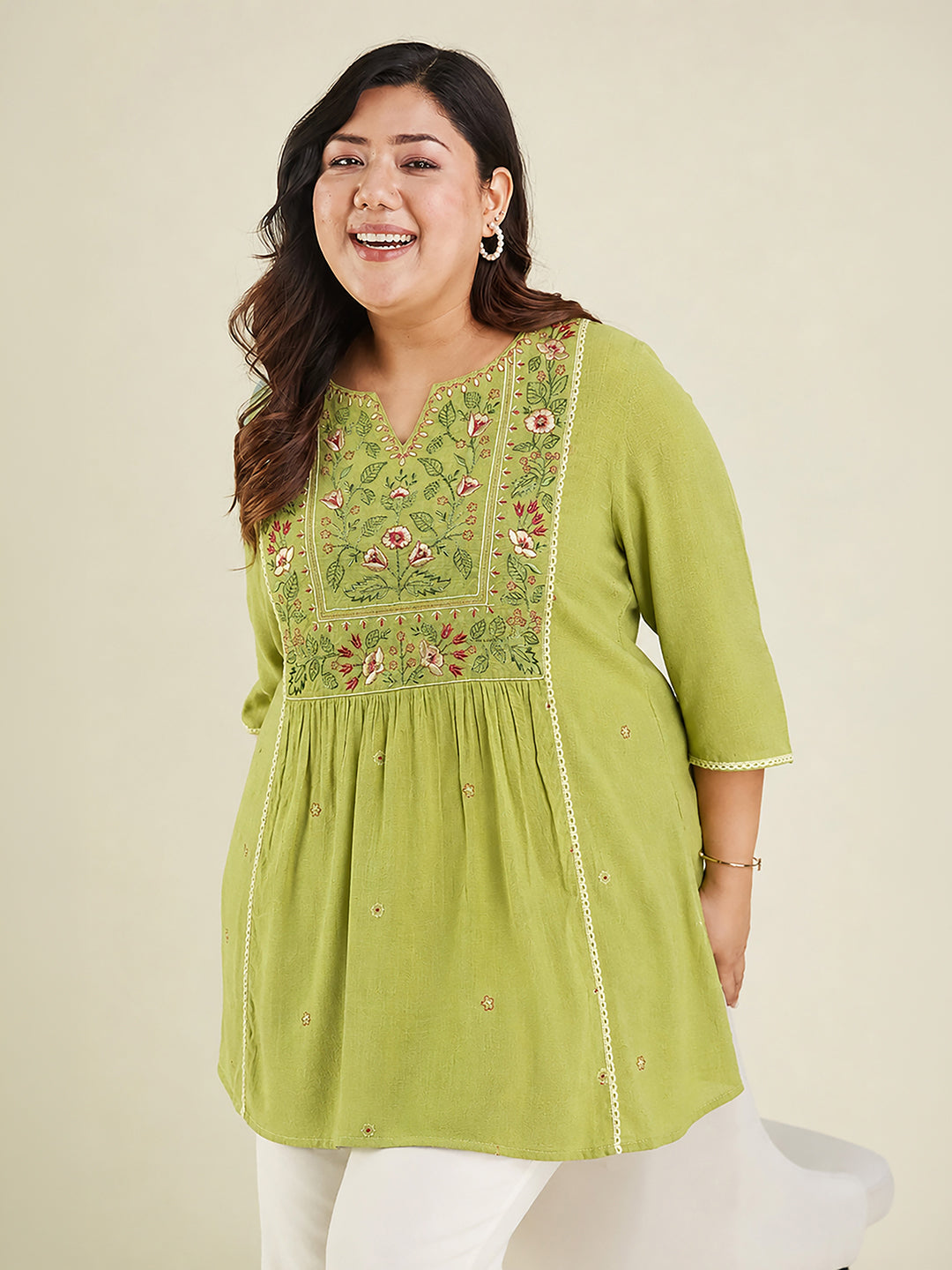Janasya Women's Plus Size Lime Green Rayon Yoke Embroidered A-Line Tunic