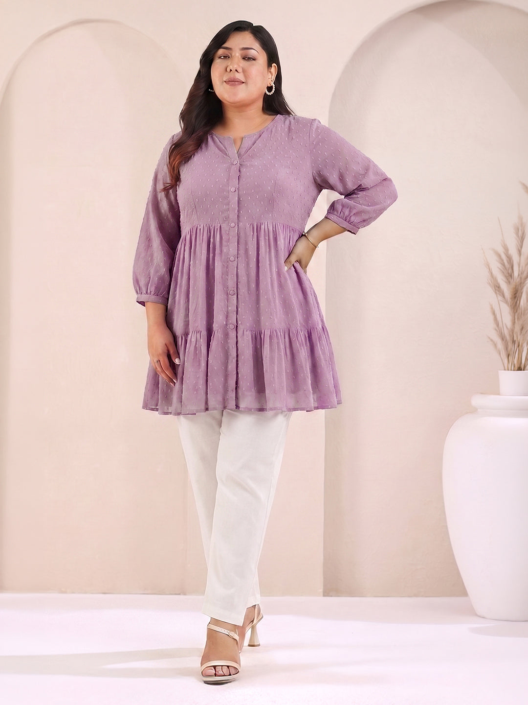 Janasya Women's Plus Size Lavender Dobby Chiffon Solid Tiered Tunic