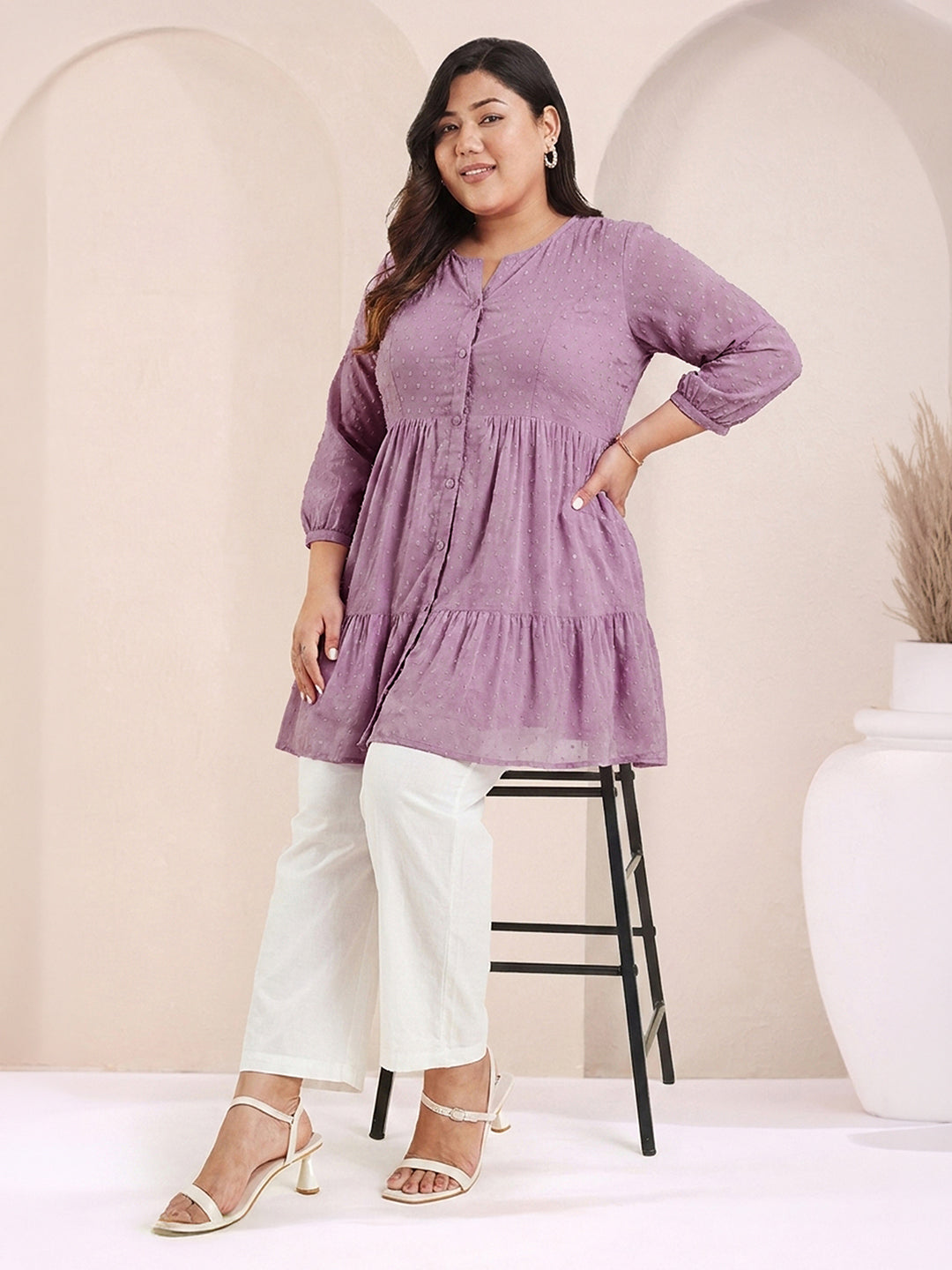 Janasya Women's Plus Size Lavender Dobby Chiffon Solid Tiered Tunic