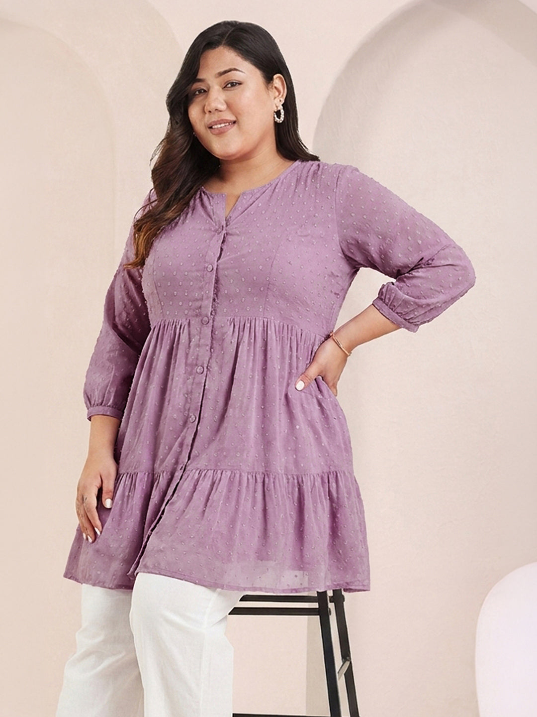 Janasya Women's Plus Size Lavender Dobby Chiffon Solid Tiered Tunic