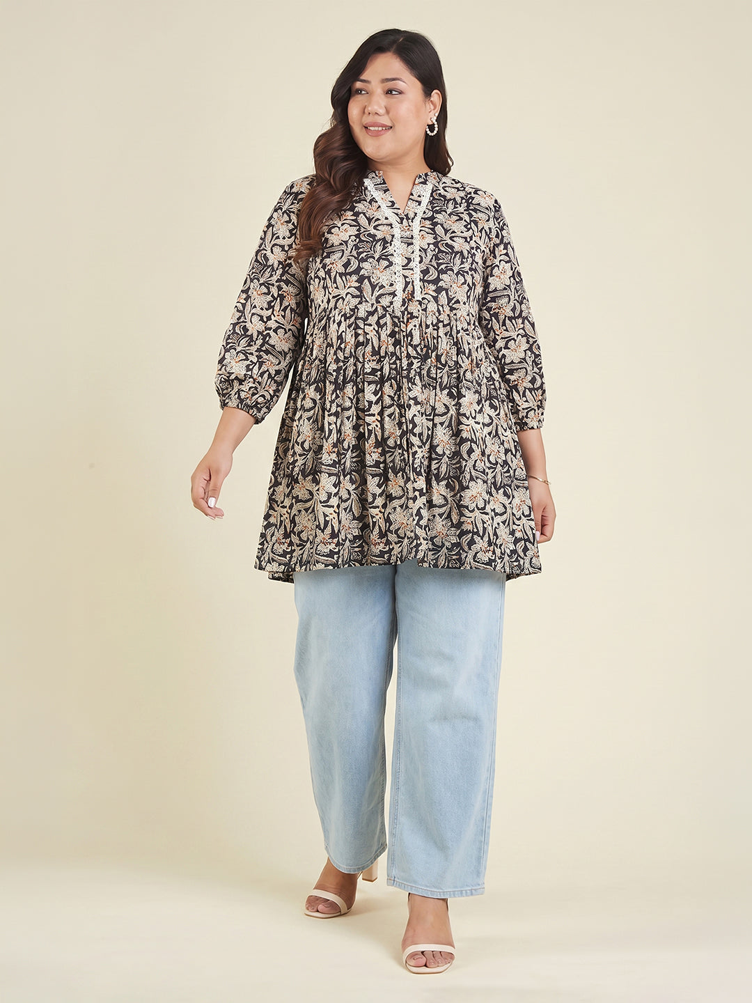 Janasya Women's Plus Size Black Pure Cotton Floral Printed A-Line Tunic