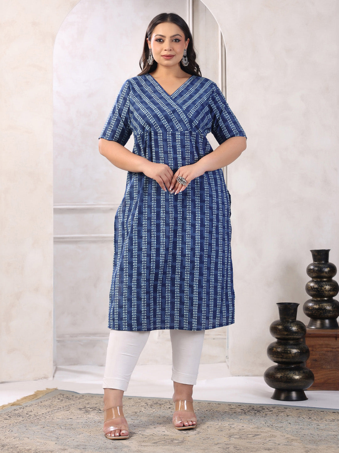 Plus Size Indigo Pure Cotton Floral Printed Straight Kurta