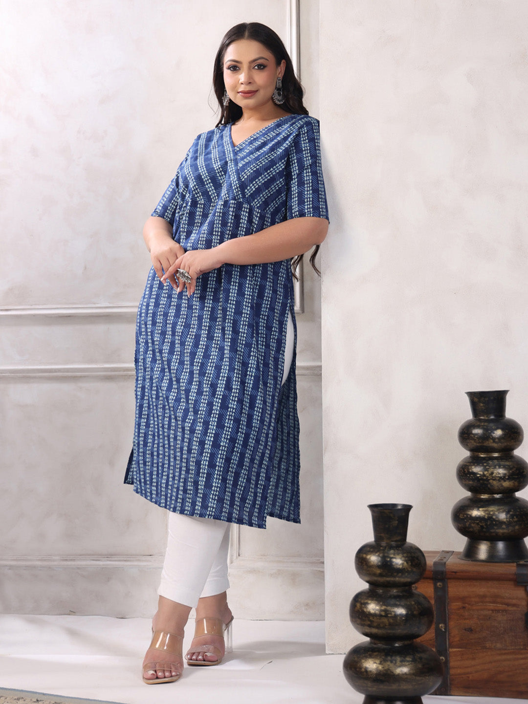 Plus Size Indigo Pure Cotton Floral Printed Straight Kurta