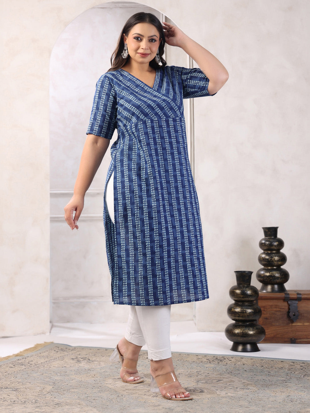 Plus Size Indigo Pure Cotton Floral Printed Straight Kurta