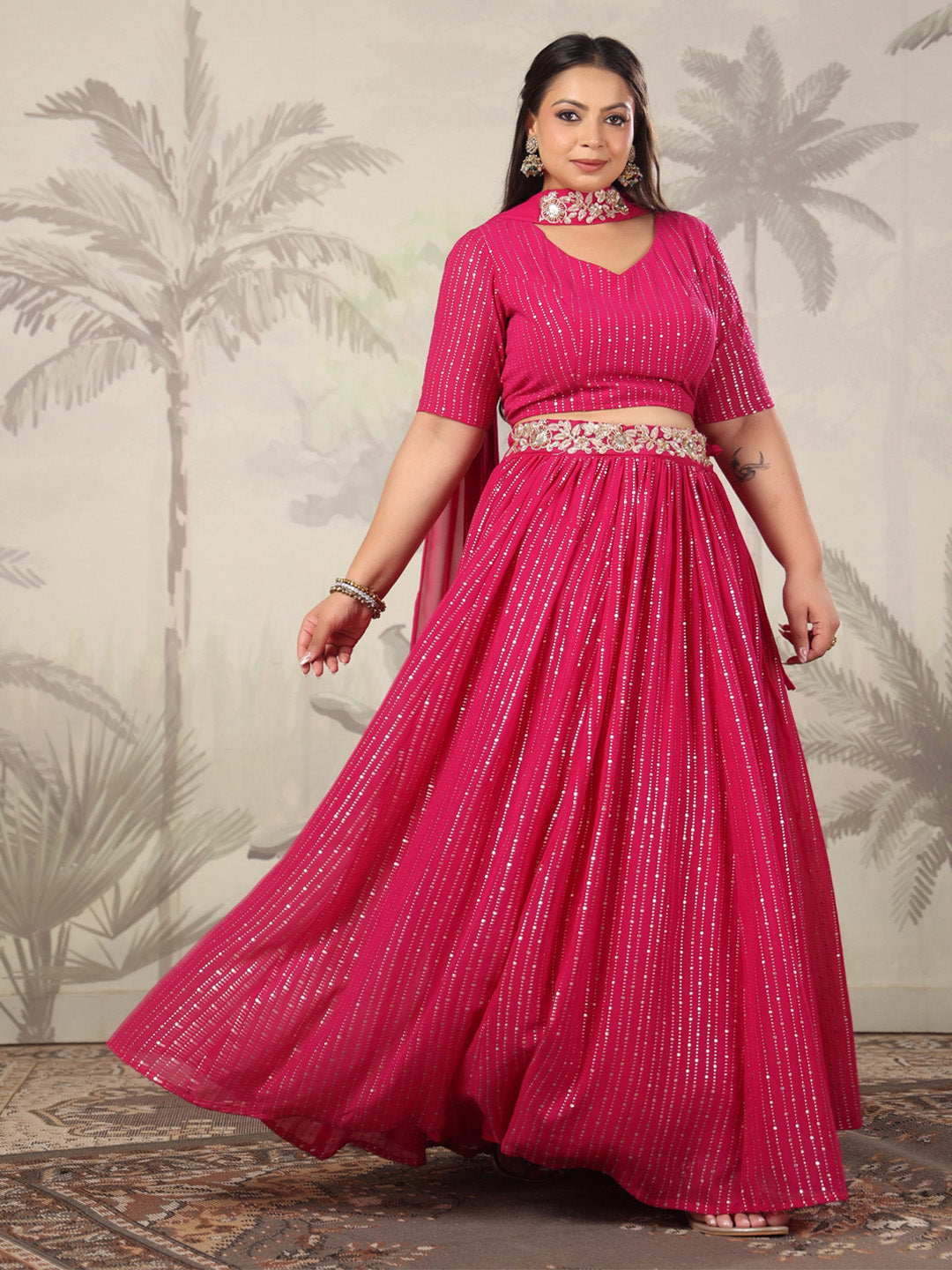 Plus Size Pink Georgette Foil Printed Gathered Embellished Lehenga Choli Set