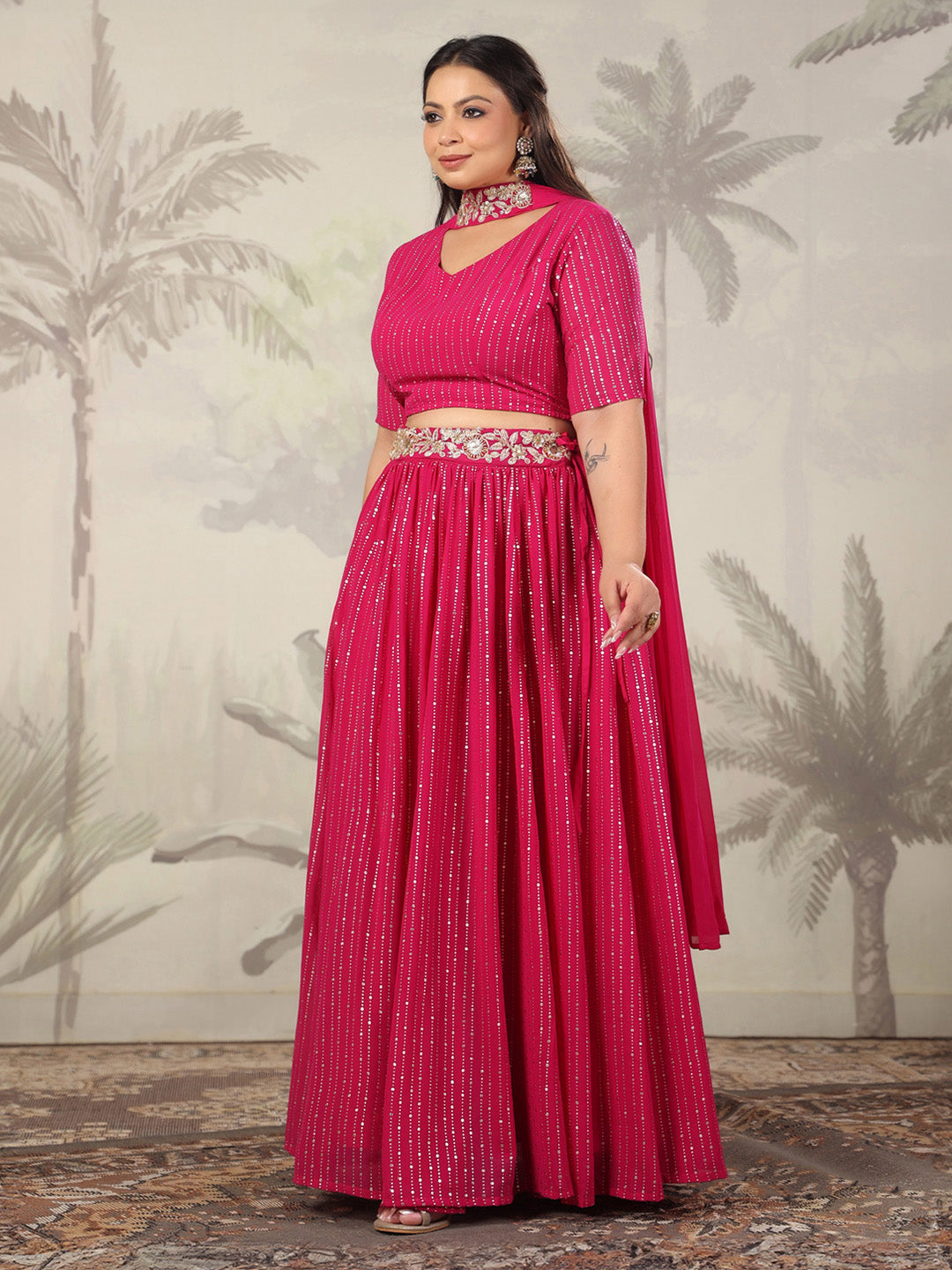 Plus Size Pink Georgette Foil Printed Gathered Embellished Lehenga Choli Set