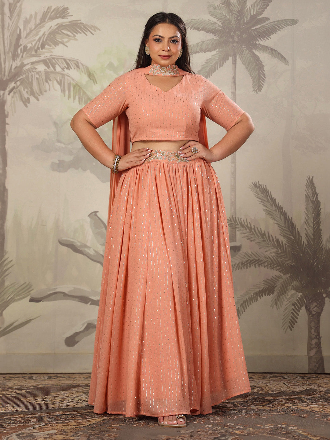 Plus Size Peach Georgette Foil Printed Gathered Lehenga Choli Set