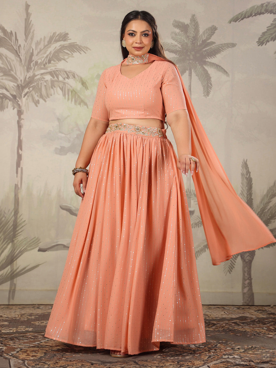 Plus Size Peach Georgette Foil Printed Gathered Lehenga Choli Set