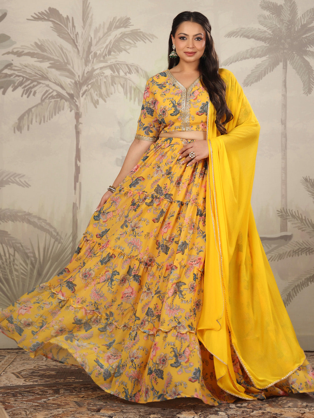 Plus Size Yellow Georgette Floral Printed Tiered Lehenga Choli Set