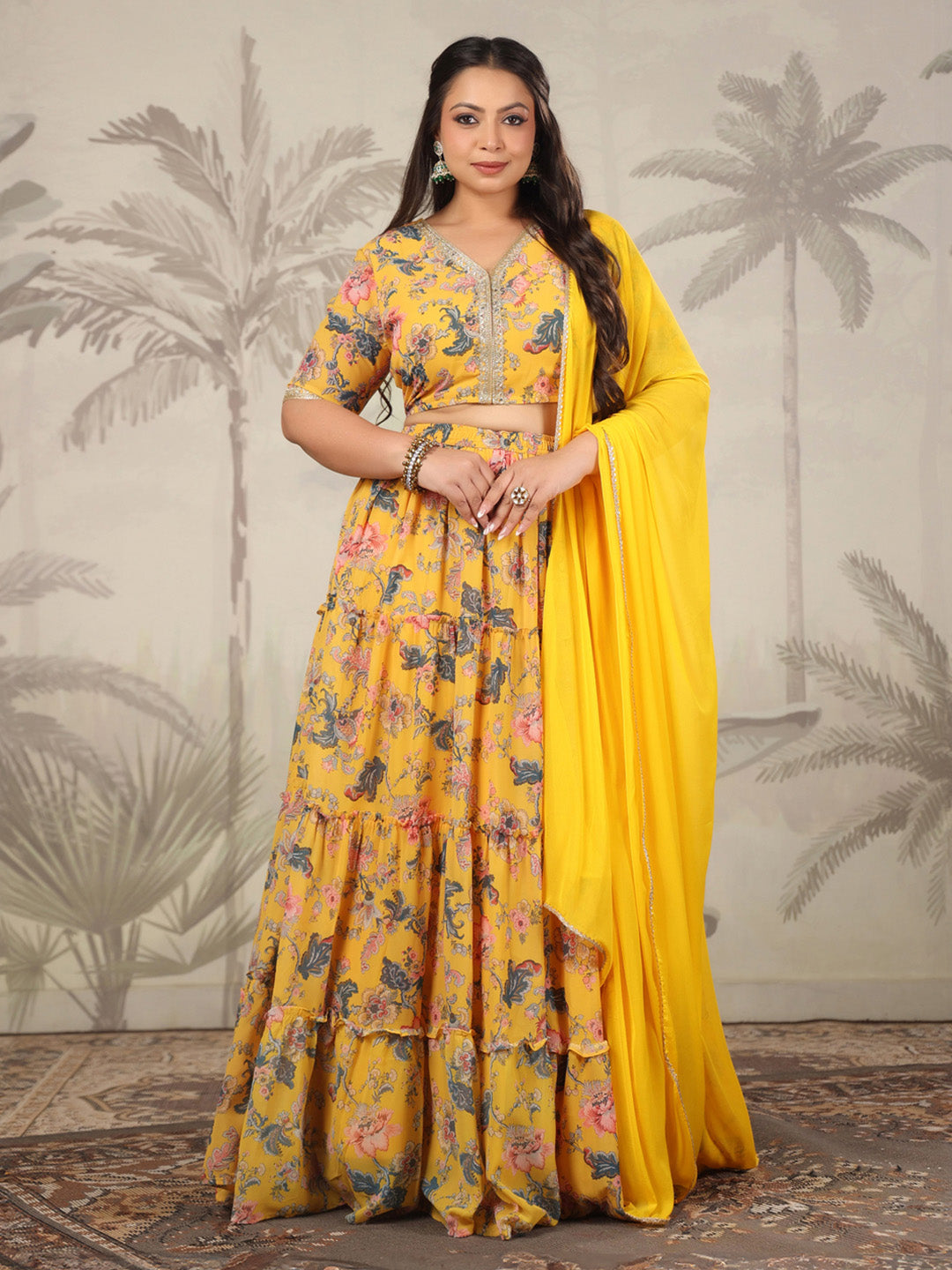 Plus Size Yellow Georgette Floral Printed Tiered Lehenga Choli Set