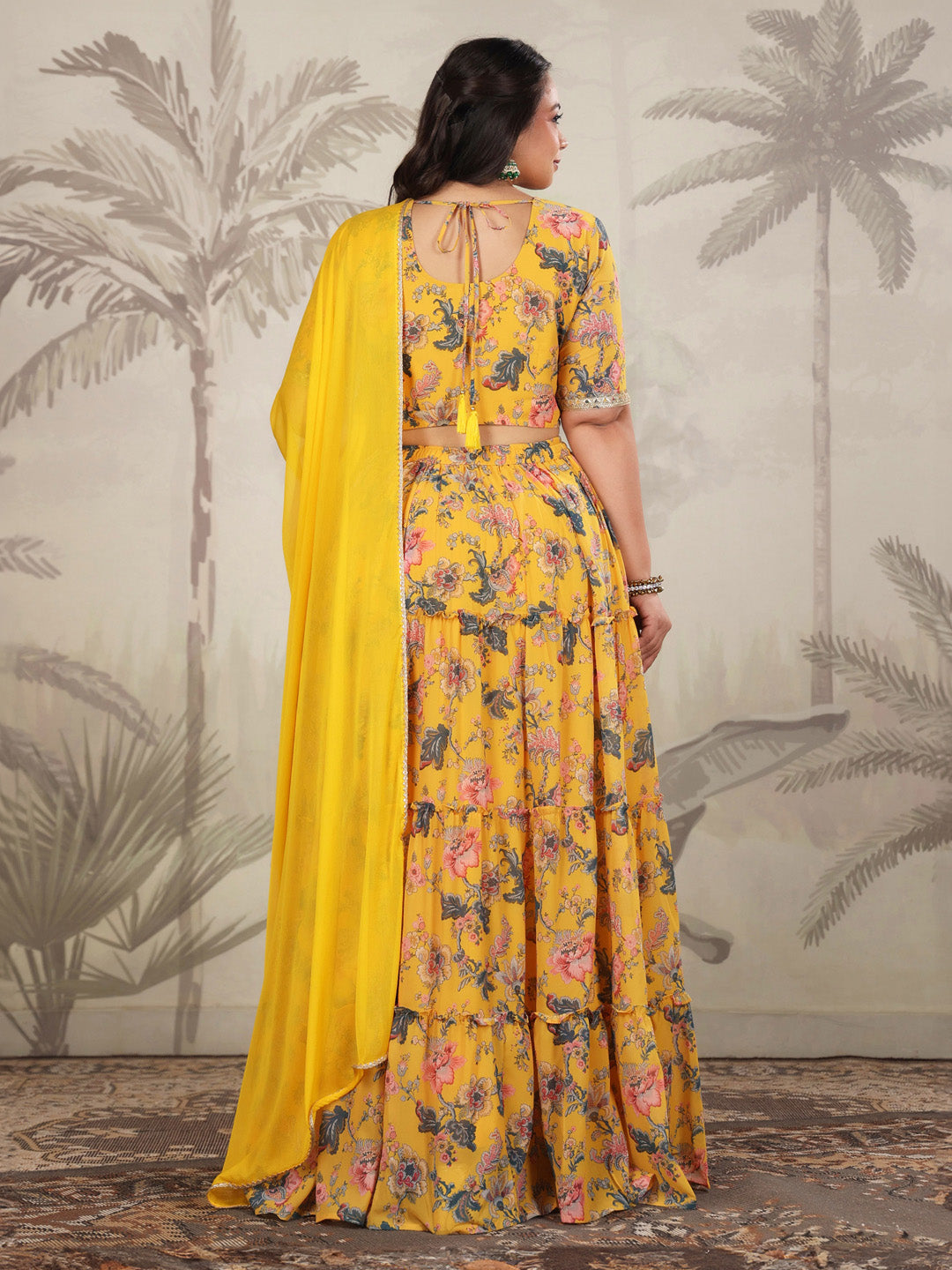 Plus Size Yellow Georgette Floral Printed Tiered Lehenga Choli Set