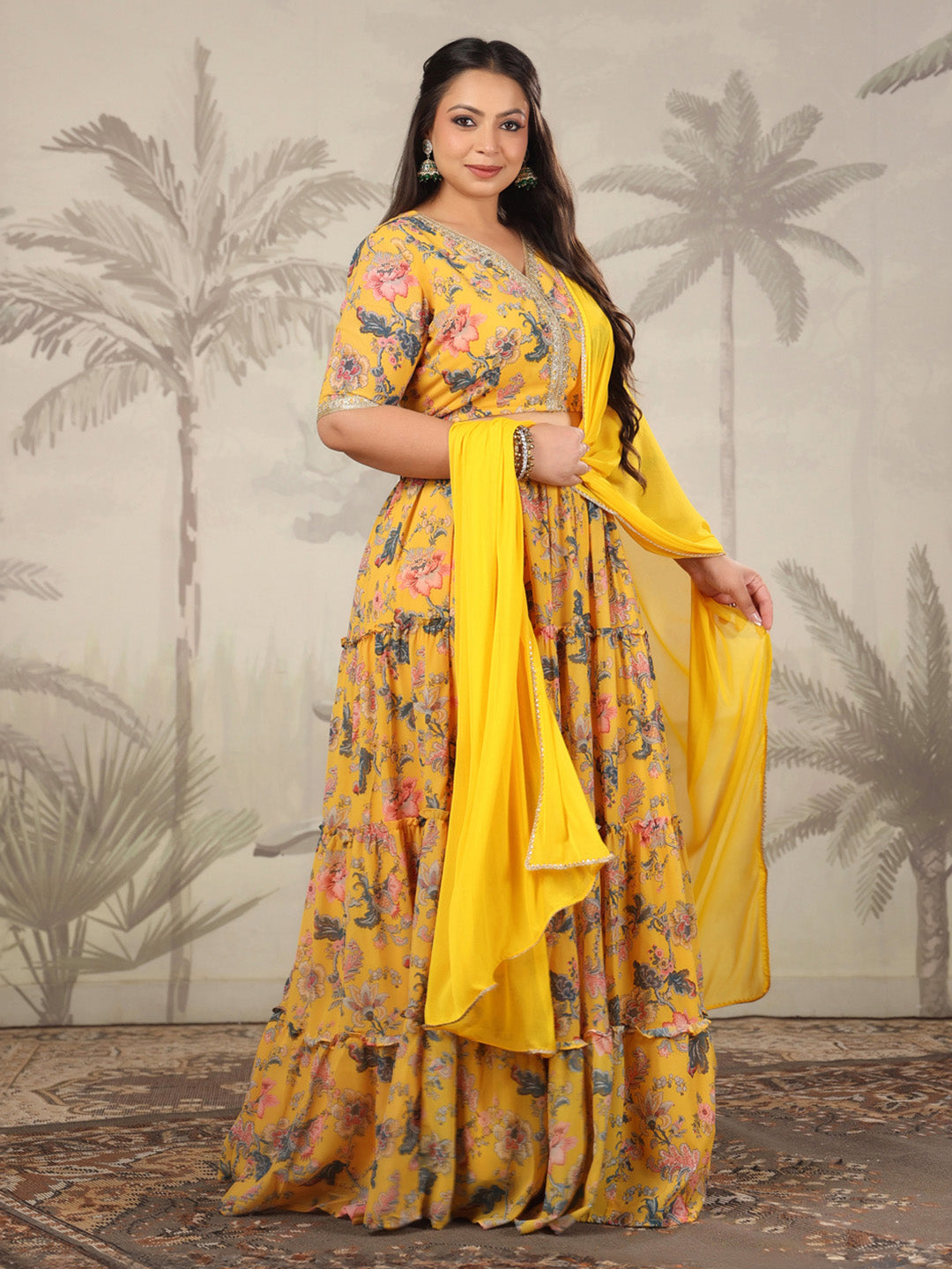 Plus Size Yellow Georgette Floral Printed Tiered Lehenga Choli Set