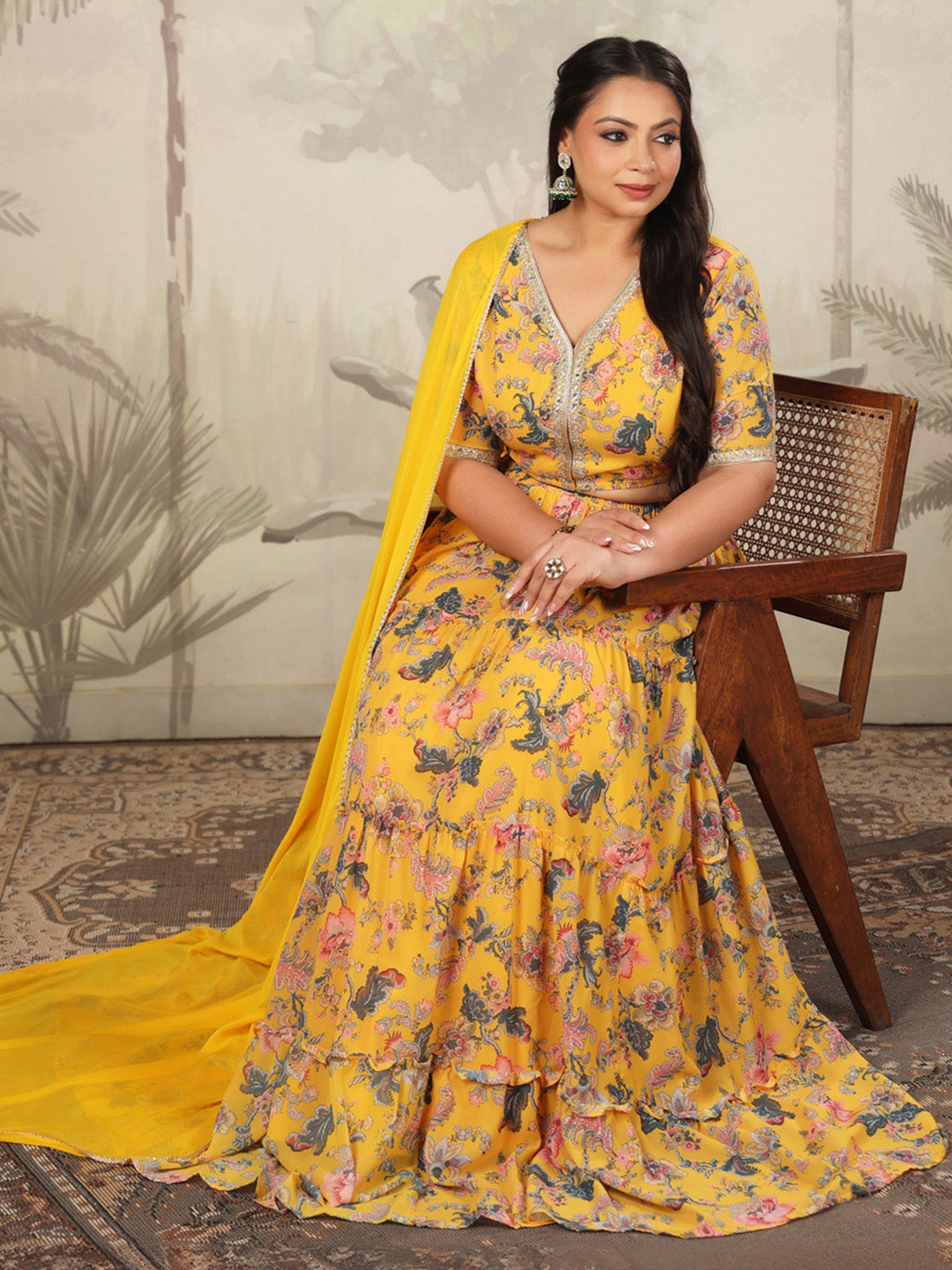 Plus Size Yellow Georgette Floral Printed Tiered Lehenga Choli Set