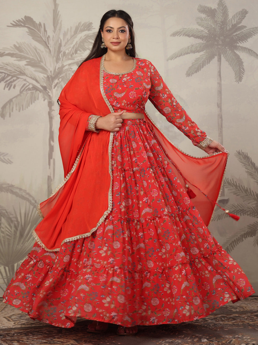 Plus Size Red Georgette Floral Printed Tiered Lehenga Choli Set