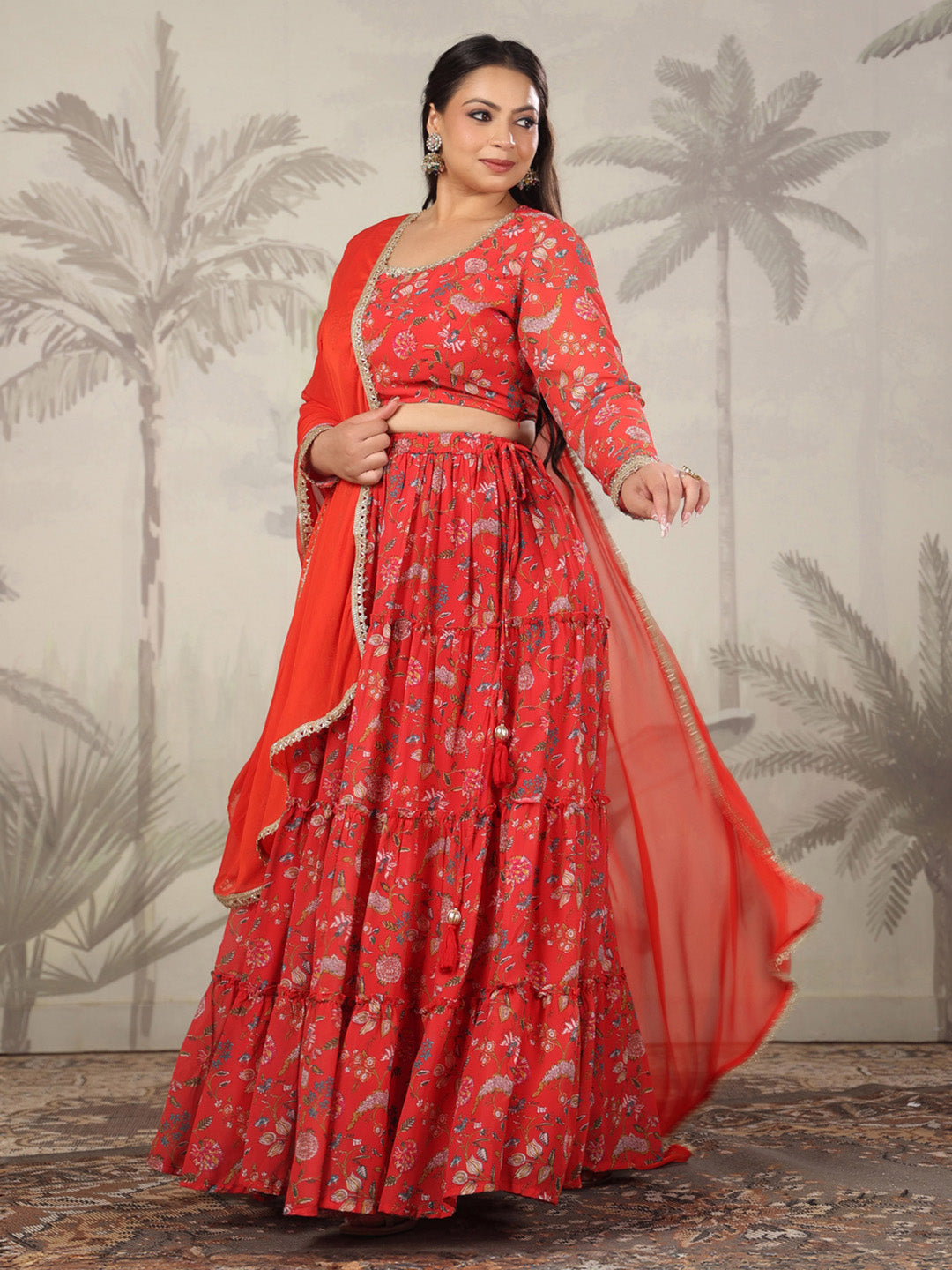 Plus Size Red Georgette Floral Printed Tiered Lehenga Choli Set