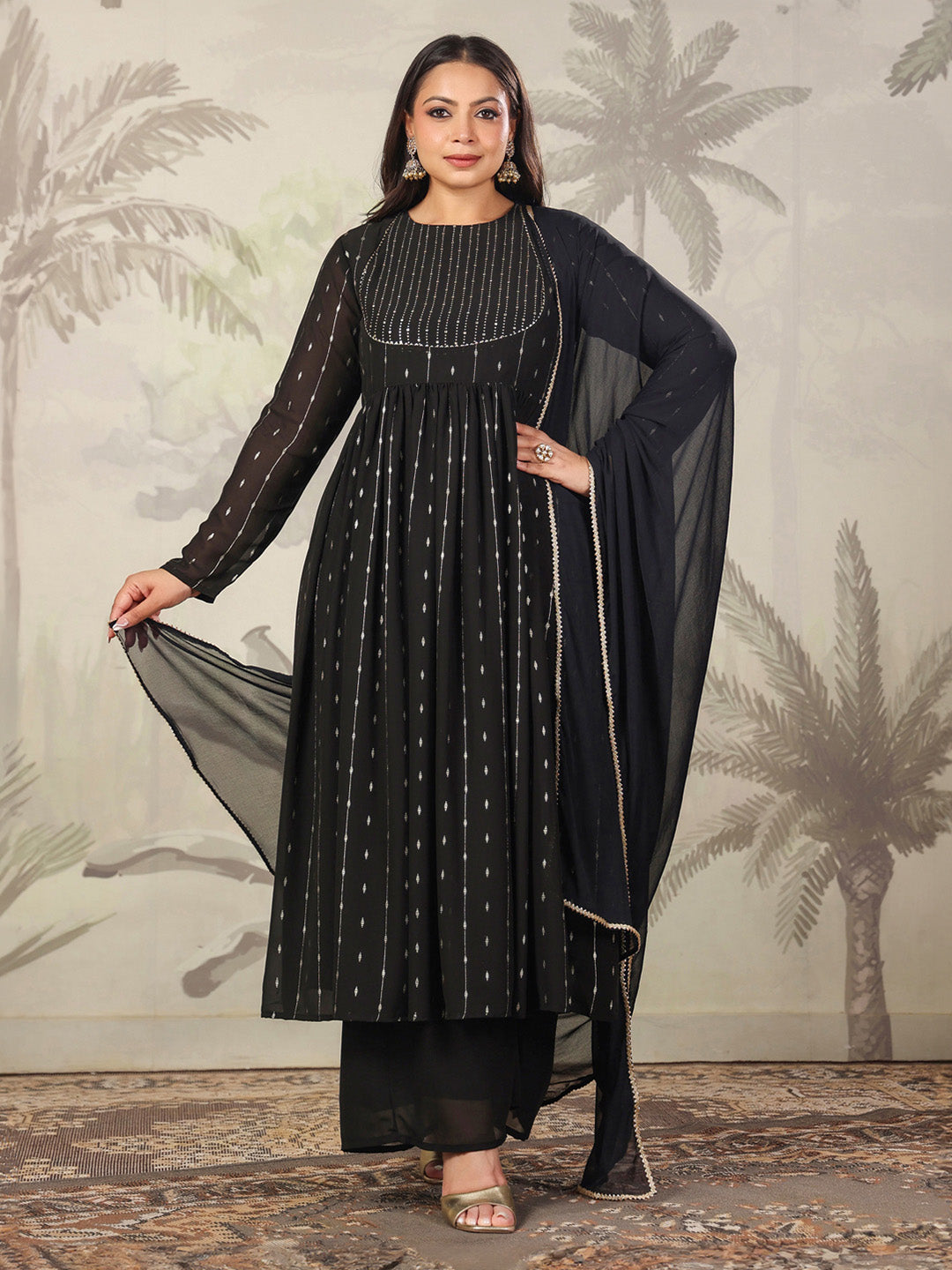 Plus Size Black Georgette Foil Printed Anarkali Kurta Set