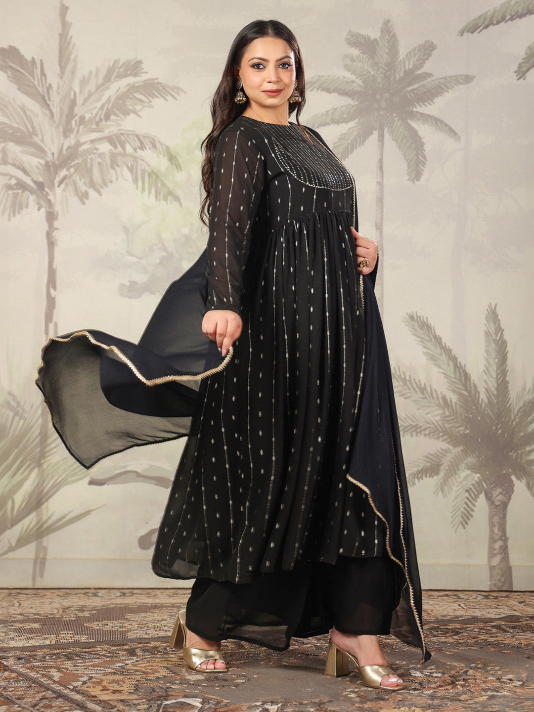 Plus Size Black Georgette Foil Printed Anarkali Kurta Set