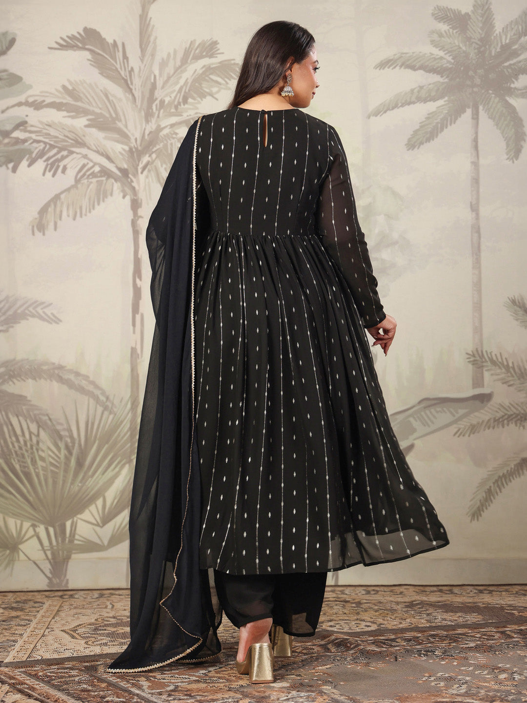 Plus Size Black Georgette Foil Printed Anarkali Kurta Set