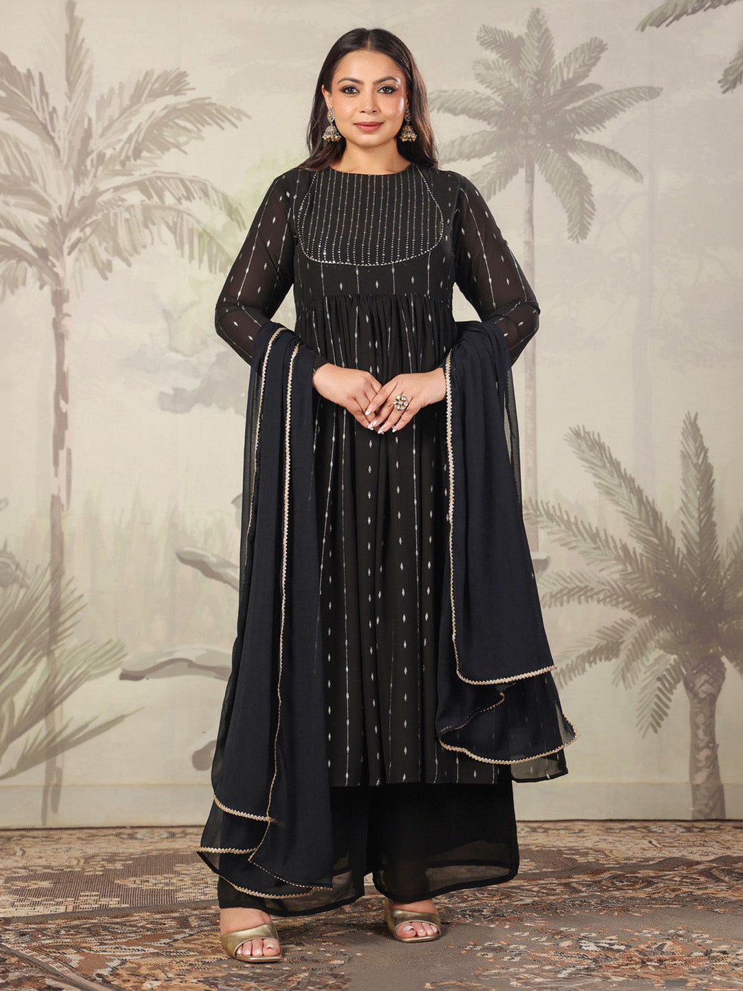 Plus Size Black Georgette Foil Printed Anarkali Kurta Set