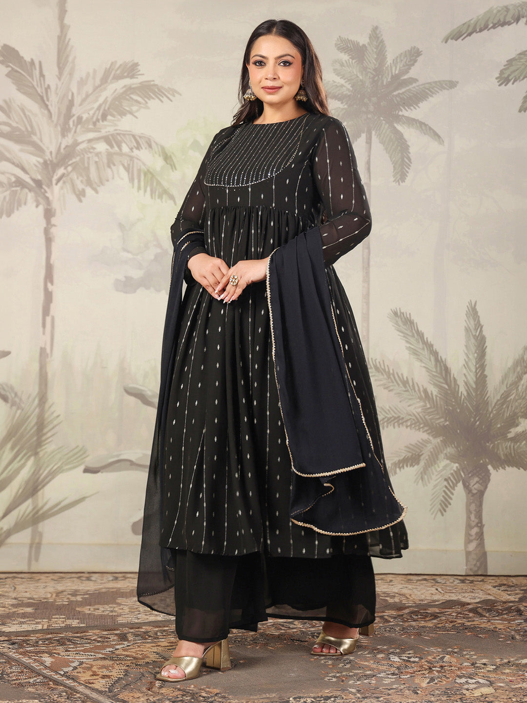 Plus Size Black Georgette Foil Printed Anarkali Kurta Set