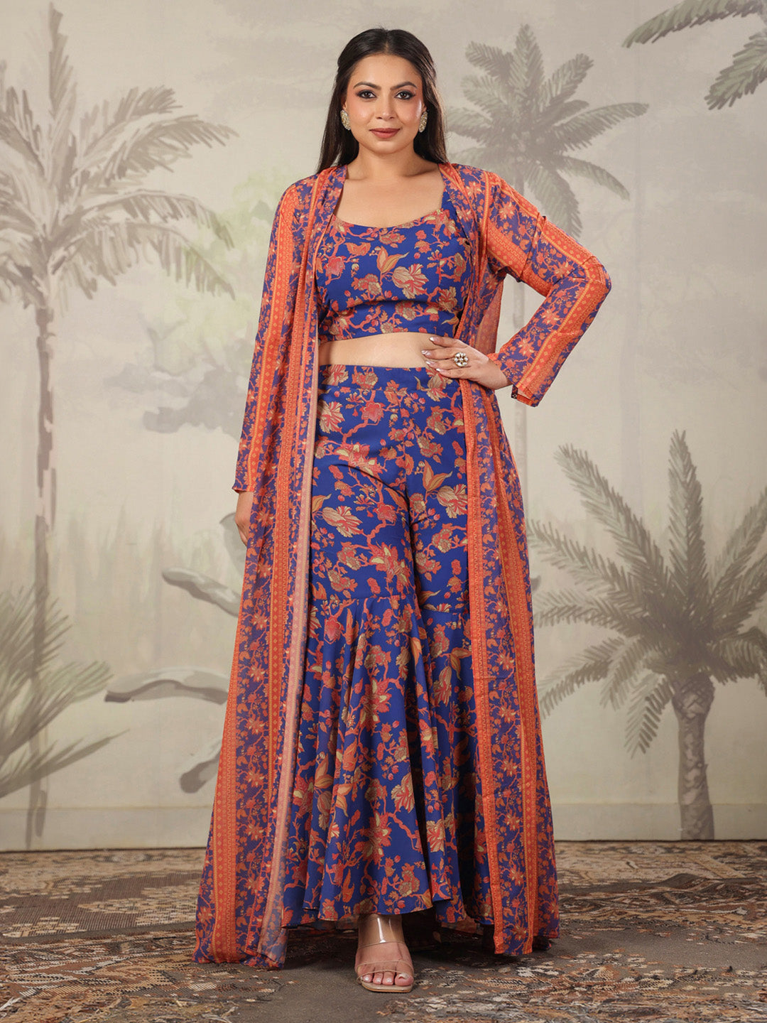 Plus Size Navy Blue Georgette Floral Printed Co-Ord Set