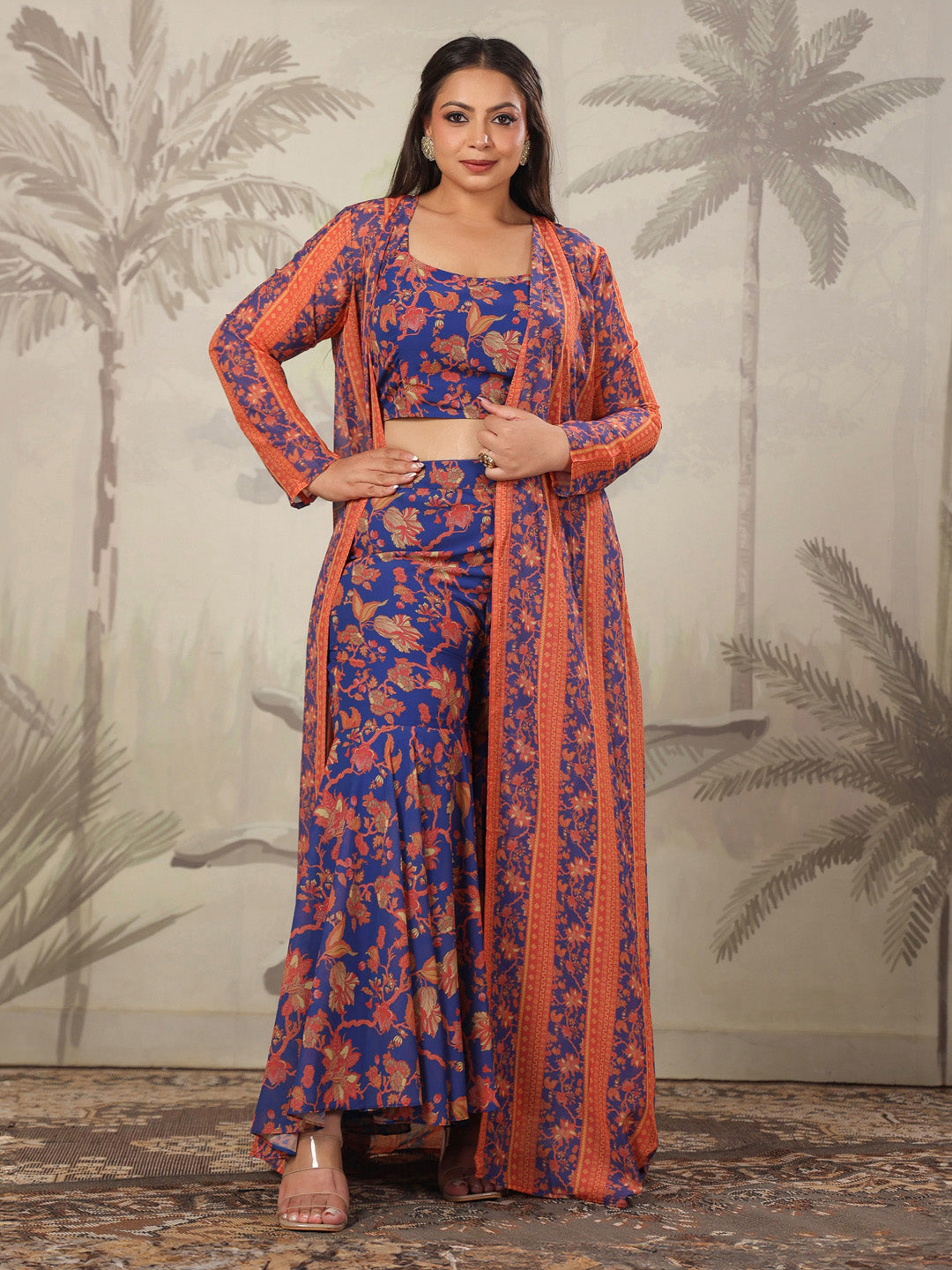 Plus Size Navy Blue Georgette Floral Printed Co-Ord Set