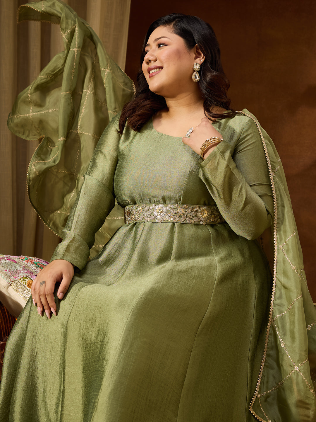 Janasya Women's Plus Size Sage Green Silk Blend Flared Gown With Embellished Belt