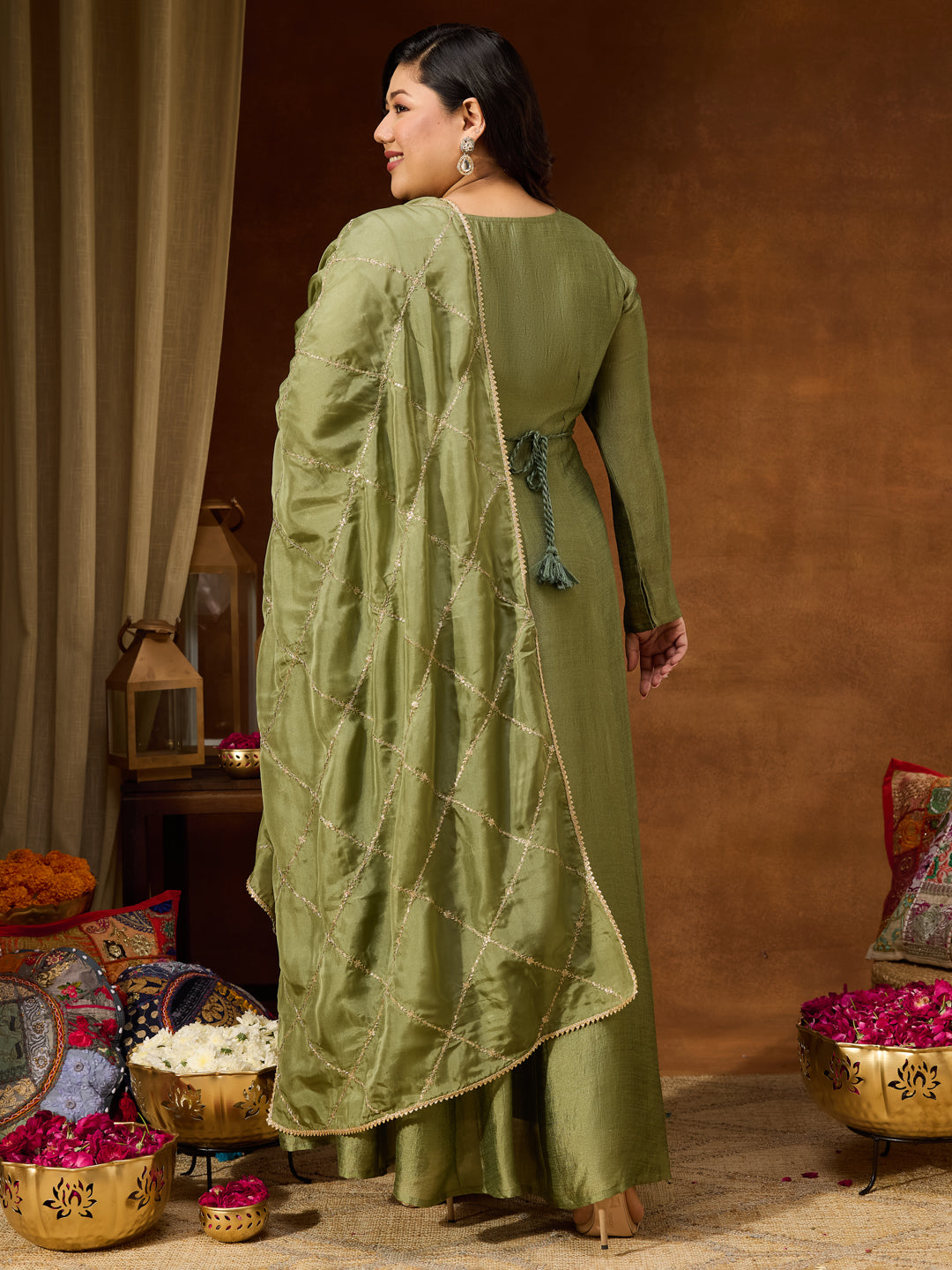 Janasya Women's Plus Size Sage Green Silk Blend Flared Gown With Embellished Belt