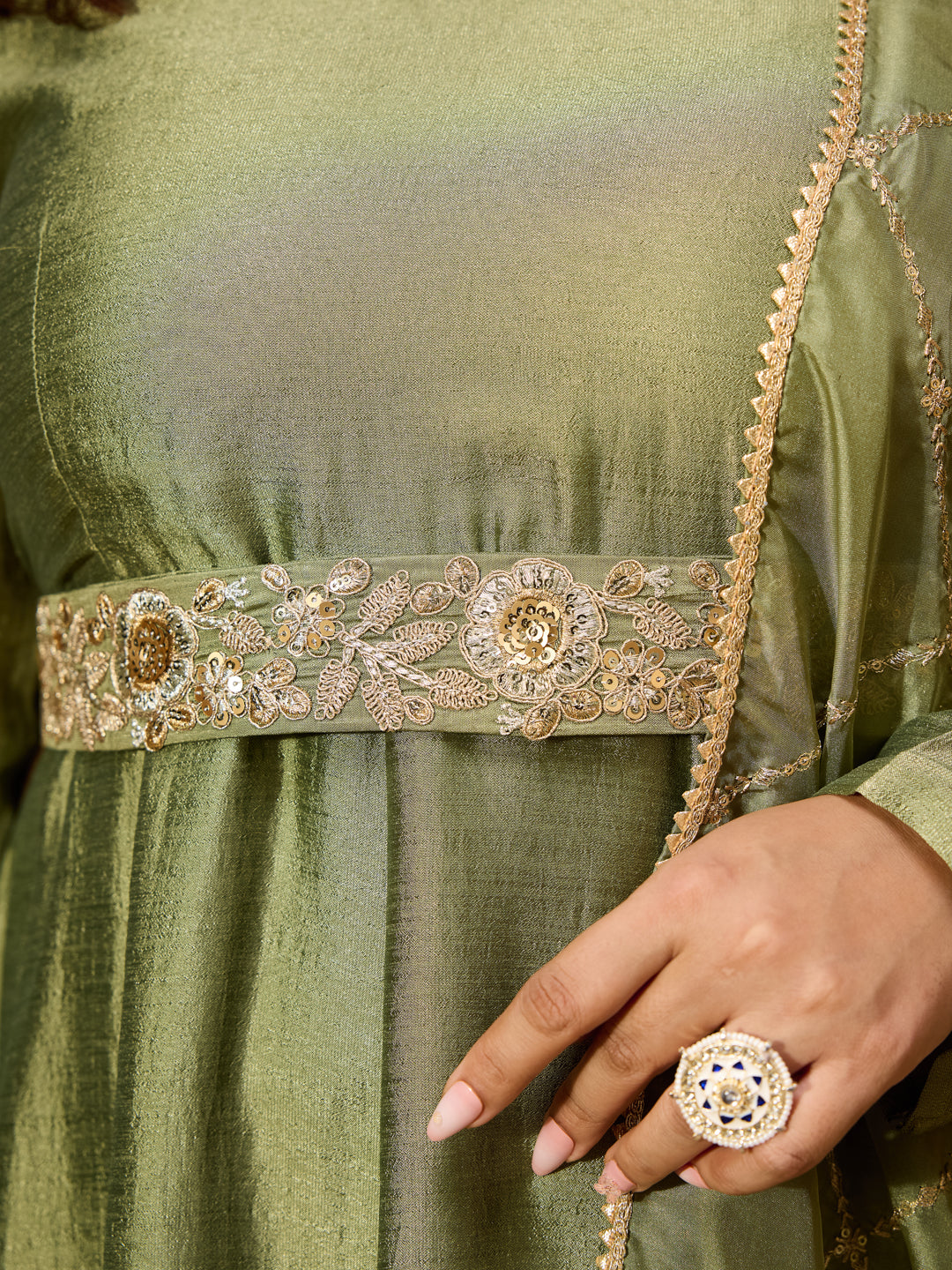 Janasya Women's Plus Size Sage Green Silk Blend Flared Gown With Embellished Belt