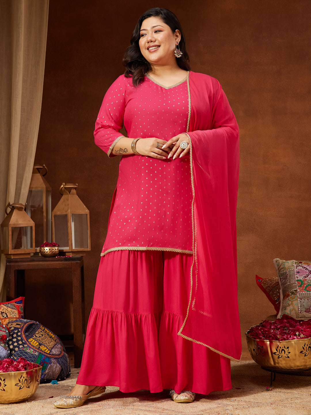Janasya Women's Plus Size Pink Rayon Embellished Gold Printed Straight Kurta With Sharara & Dupatta Set
