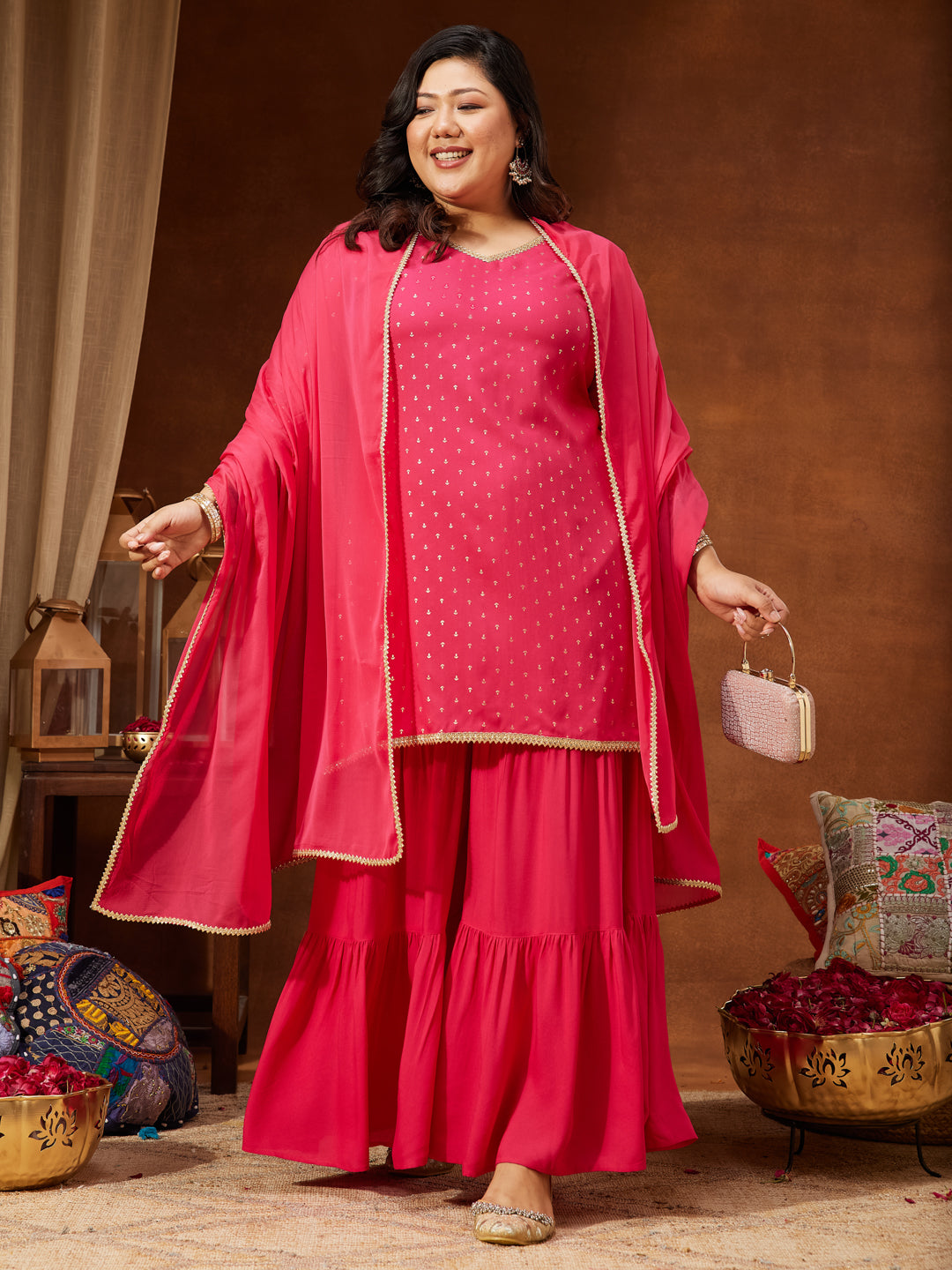 Janasya Women's Plus Size Pink Rayon Embellished Gold Printed Straight Kurta With Sharara & Dupatta Set